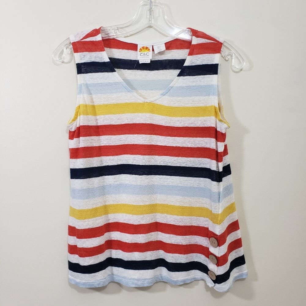 C&C California striped linen sleeveless top w/ side button detail woman's size S